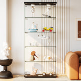 GARVEE Glass Display Cabinet with LED Lights 32"L x 14"W x 74"H Tempered Glass Display Case, 5 Adjustable Lighted Bar Shelves with Lock, Slim Depth for Bar Bottle Storage, Living Room, Bedroom, or Office (Black) - Black