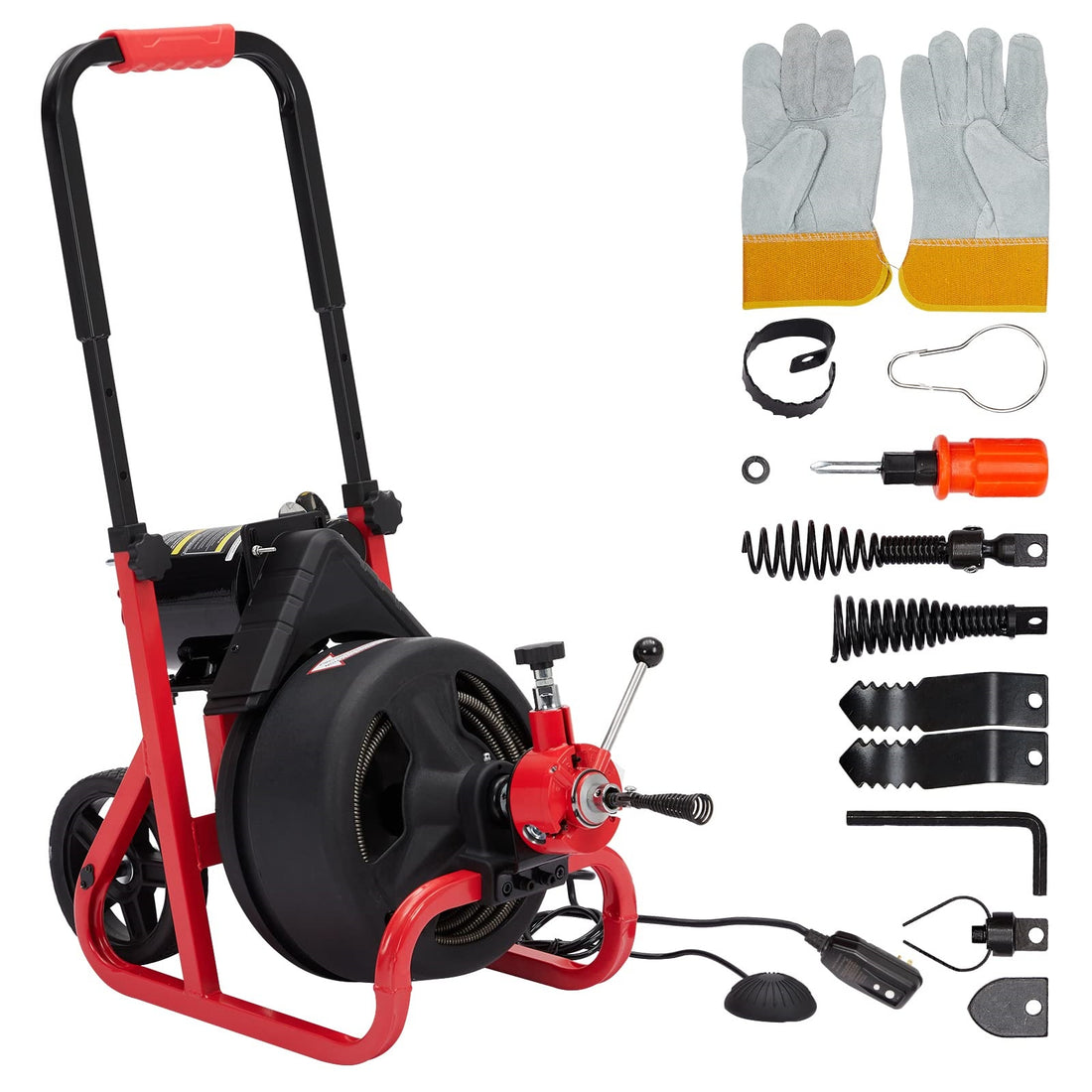 Garvee 75Ft x 1/2 Inch Drain Cleaner Machine - Auto-Feed Electric Drain Auger for 2 to 4 Inch Pipes, Includes 6 Cutters, Gloves, and Sewer Snake