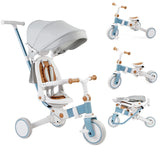 Garvee 7 in 1 Baby Tricycle, Foldable Toddler Tricycle with Removable and Adjustable Parent Handle, Toddler Push Bike with Removable Pedal, Canopy, and Guardrail, Tricycle for 12-72 Months（White） - White