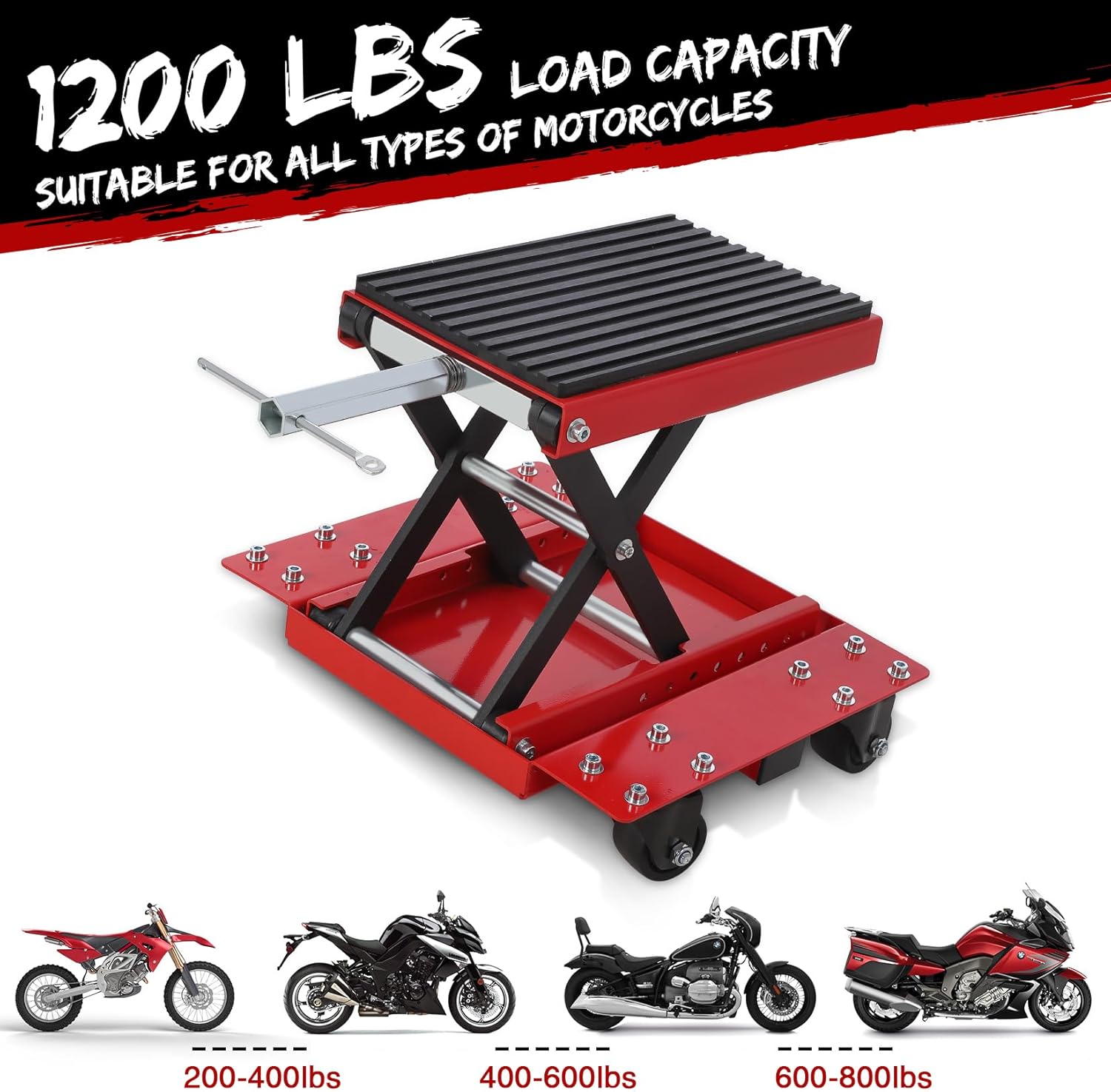 Garvee Motorcycle Lift Jack, 1200 lbs Scissor Jack with Wide Deck,  and Thickened 11.5mm Rubber Pad, Adjustable Height (6.3"-16.9") for ATVs, Dirt Bikes, Street Bikes, and Cruiser Bikes