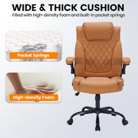 Garvee PU Leather Executive Office Desk Chair, 350lbs Capacity Computer Desk Chair with Padded Flip-Up Arms, Tilt Lock & 360° Swivel Free Wheels, Ergonomic Office Chair for Heavy People, Brown