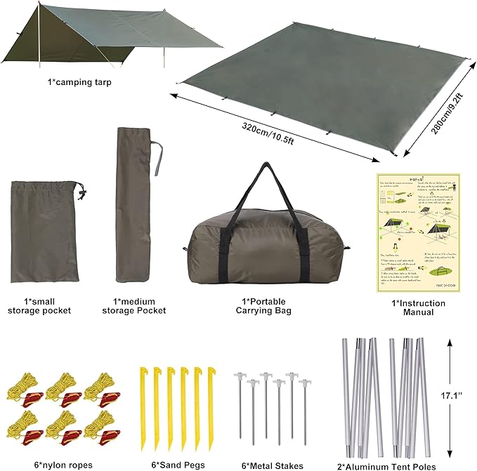 Garvee 10x9ft Camping Tarp - Waterproof Hammock Rain Fly with 2 Aluminum Poles, Lightweight Backpack Tent Tarp for Travel, Green