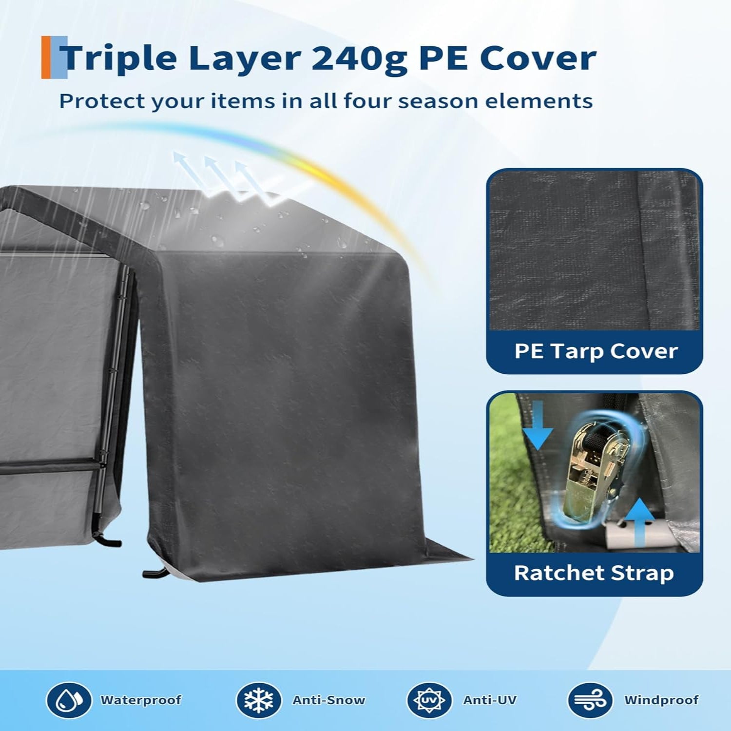 Garvee 6x8FT Outdoor Portable Storage Shed with 2 Roll-Up Doors, Vents, Heavy-Duty 240G Waterproof PE Tarp, UV-Resistant, Galvanized Steel Frame, for Motorcycle & Garden Tools