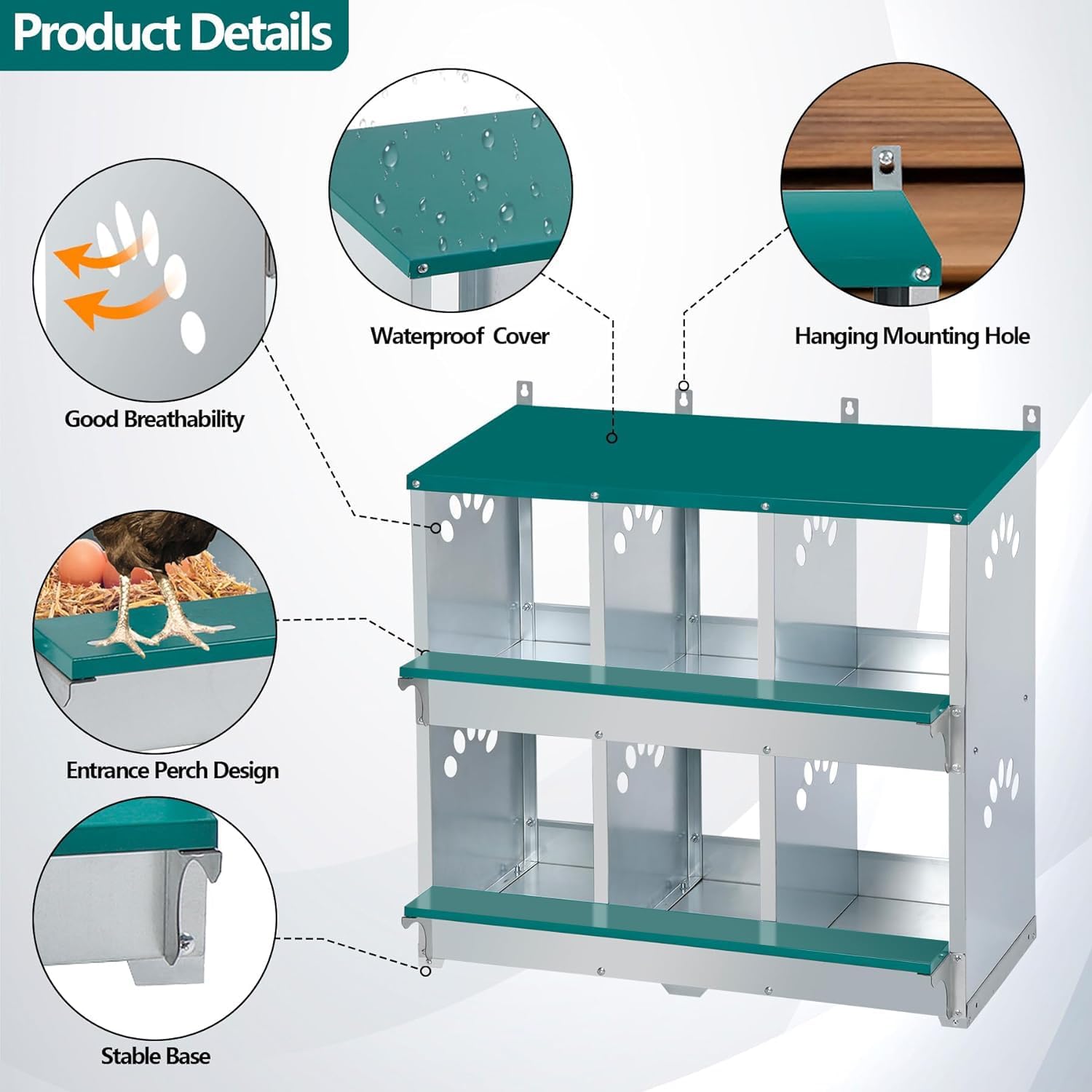 Garvee 6-Compartment Metal Nesting Box – Heavy-Duty Roll Away Egg Design w/Perch & Cover for Poultry Wall/Floor Mount, Green