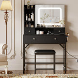 Garvee Makeup Vanity Desk with Mirror, Vanity Desk with Lights in 3 Colors, Girls Vanity Table with Charging Station, 4 Drawers, 6 Storage Shelves for Bedroom, Black