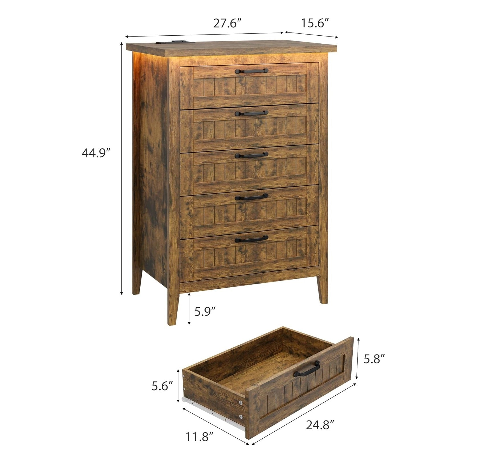 Garvee 5 Drawer Dresser for Bedroom with Charging Station and LED Lights, Farmhouse 44.9" Tall Chest of Dresser with Large Storage for Living Room, Hallway & Entryway, Rustic Brown