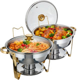 Garvee Round Chafing Dish Set of 2 5 QT Stainless Steel Buffet Server Food Warmer with Transparent Lid & Fuel Holder for Party Wedding Restaurant Gold