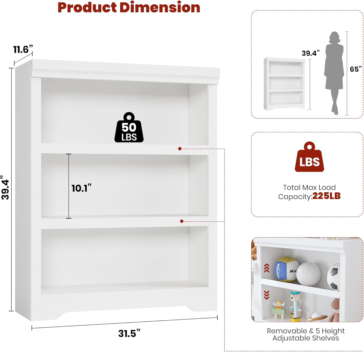 Garvee 3 Tier Bookshelf, 39.4" Tall Farmhouse Bookcase with Adjustable Shelves, 31.5" W Floor Standing Open Display Storage Rack with Anti-Slip Design for Home Office, Balcony, Library, Study / Living Room, White