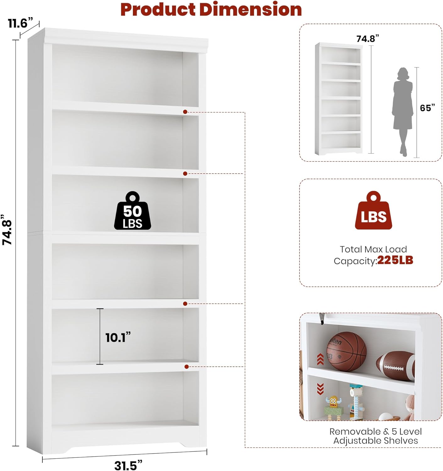 Garvee 6 Tier Bookshelf, 75" Tall Farmhouse Bookcase with Adjustable Shelves, 31.5" W Floor Standing Open Display Storage Rack with Anti-Slip Design for Home Office, Balcony, Library, Study / Living Room, White