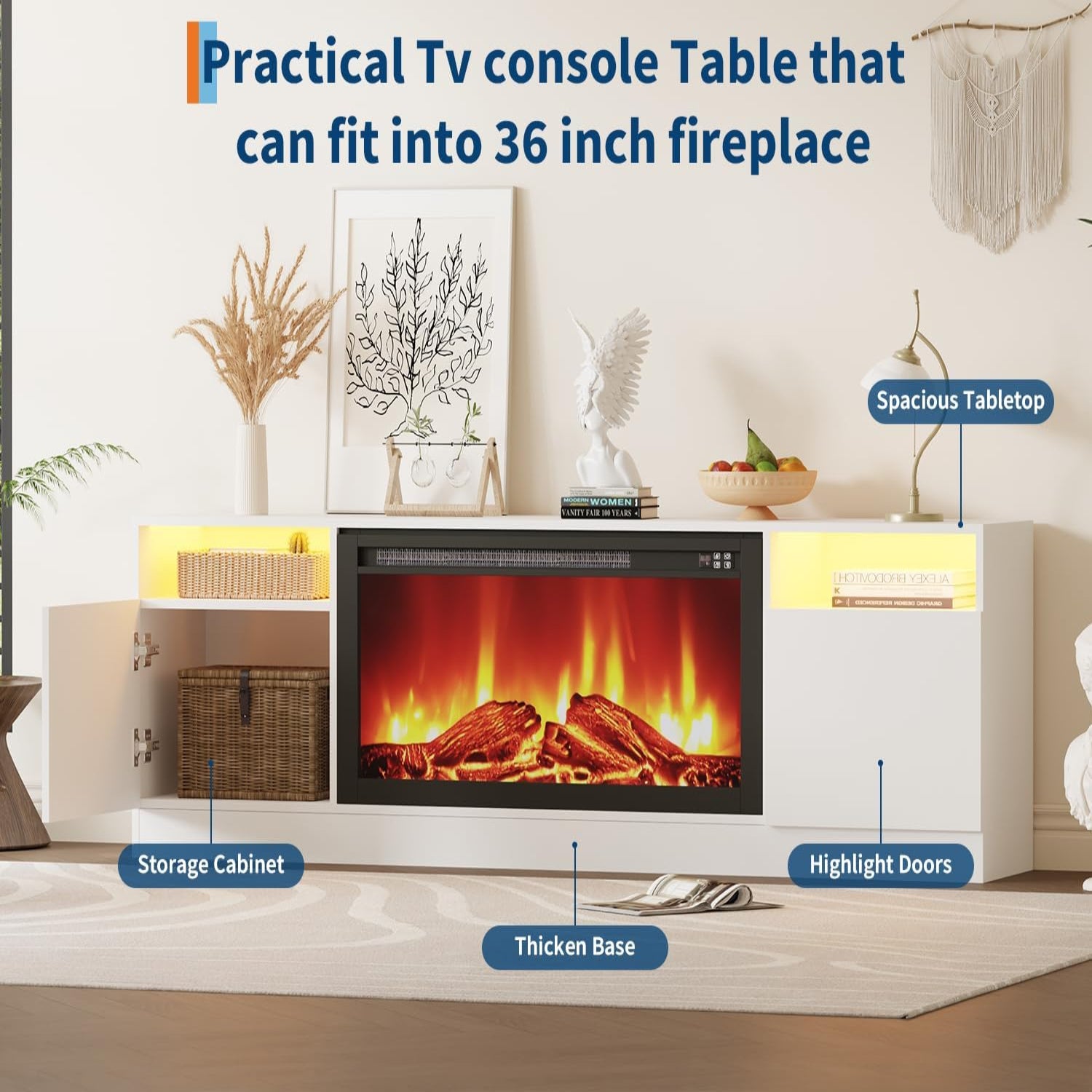 Garvee Modern TV Stand for TV Up to 75" TV, 70 ''White Television Console Table Cabinets With Storage,Wooden Entertainment Center for Living Room, Fits Into 36'' Electric Fireplace(Not Included Fireplace)