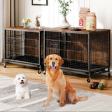 Garvee Furniture-Style Dog Crate – Deluxe Wooden Dog Kennel with Removable Tray and Wheels, Heavy-Duty Double-Doors 32.5" Dog Cage End Table, Indoor Dog House for Large Dogs, Brown - Brown