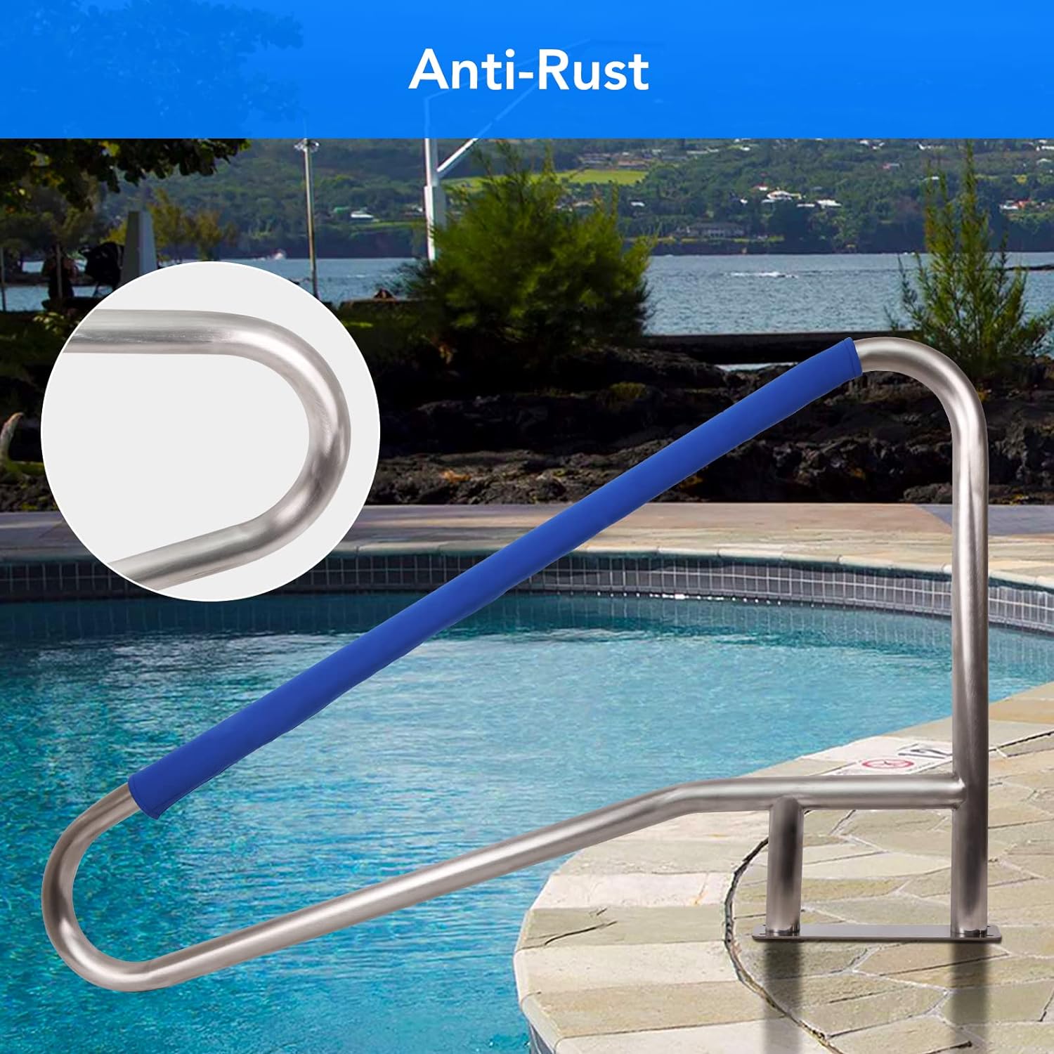 Garvee Pool Handrail 55"x32" Swimming Pool Stair Rail 304 Stainless Steel Rustproof 250LBS Load Capacity Pool Handrail for Inground Pool with Blue Grip Cover