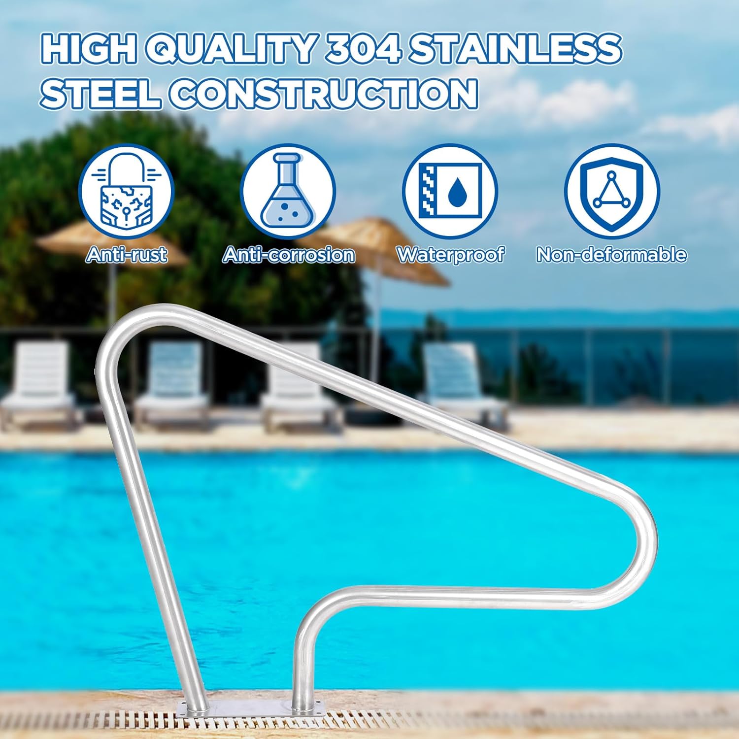 Garvee Pool Handrail 48x36 Pool Rail 304 Stainless Steel Silver Rustproof Pool Stair Rail with Blue Grip Cover Humanized Swimming Pool Railing, Quick Mount Accessories for Pools and Spas