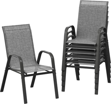 Garvee Space-Saving Stackable Patio Dining Chairs Set – High Back, Armrests, Lightweight Textilene, All-Weather – Outdoor Backyard, Poolside, Garden Seating – Black-Gray Spray Plastic & Gray 2x1 Textilene, 6 Pieces