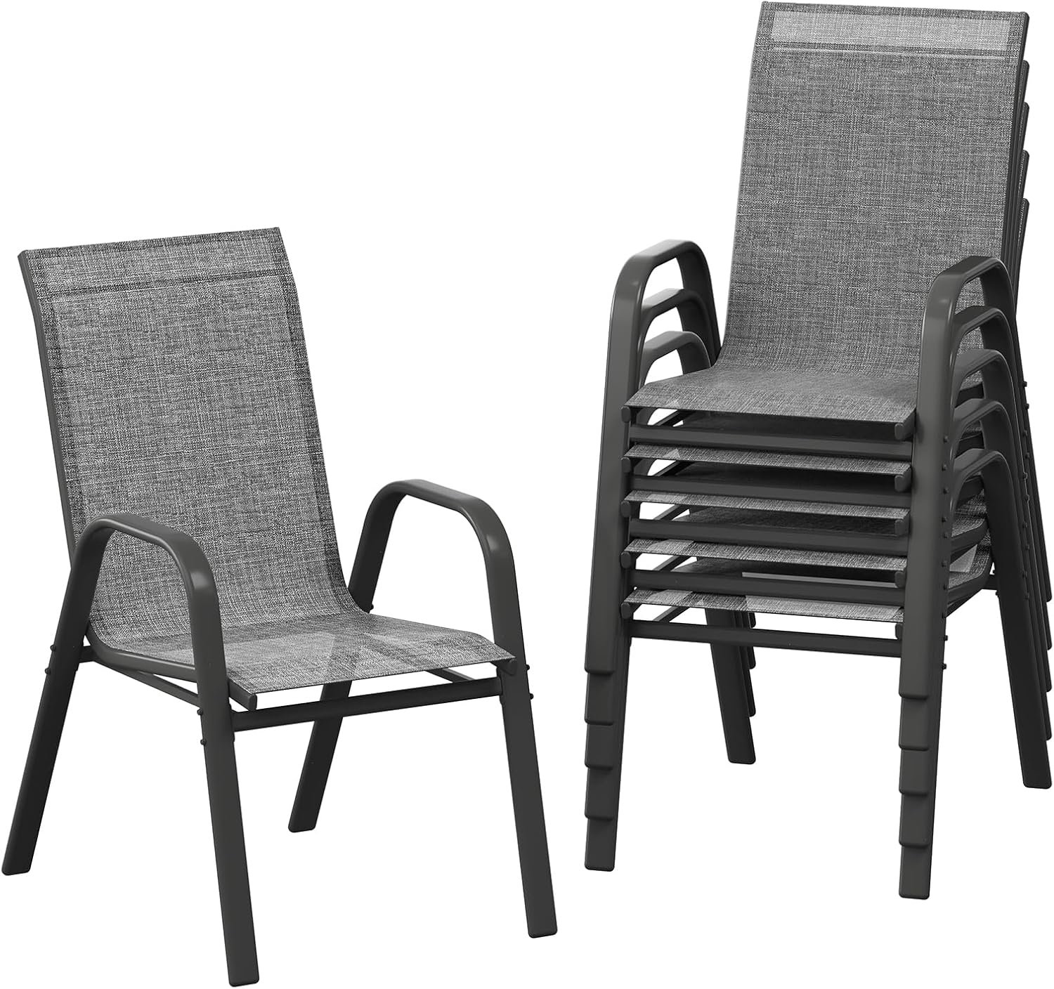 Garvee Space-Saving Stackable Patio Dining Chairs Set – High Back, Armrests, Lightweight Textilene, All-Weather – Outdoor Backyard, Poolside, Garden Seating – Black-Gray Spray Plastic & Gray 2x1 Textilene, 6 Pieces