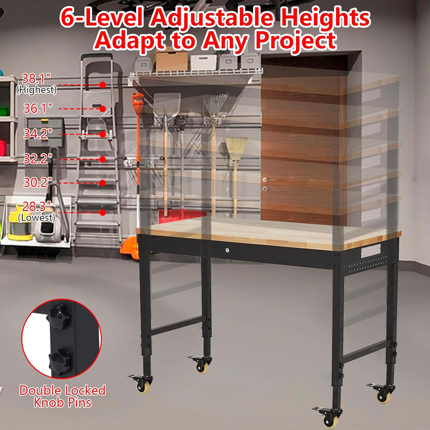 Garvee 48x24 Inch Adjustable Workbench for Garage Workbench, Rubber Wood Top Heavy-Duty Worktable Adjustable Workstation with 4 Rolling Casters, 2000 LBS Load Capacity Work Table for Workshop Office, Power Outlets