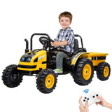 Garvee Ride - P Series: 12V Electric Ride-On Tractor for Kids with Trailer, Remote Control, Music, LED Lights, and Rear Wheel Suspension - Battery Powered Toy Vehicle - Yellow - Yellow