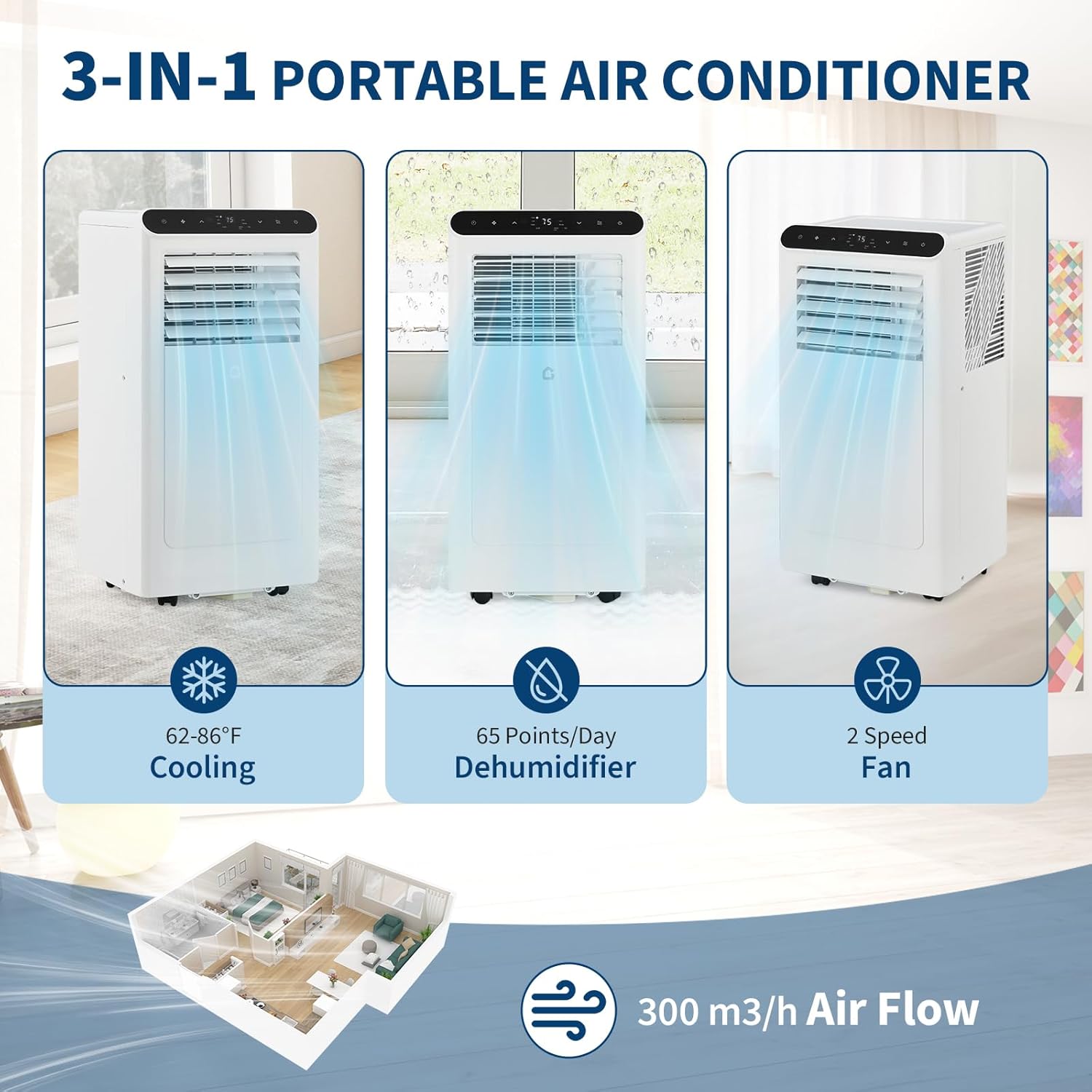Garvee 10000BTUs Portable Air Conditioner, 3-In-1 Stand UP AC Unit with Heater, Dehumidifier, Fan Modes for Room Up to 450 Sq. Ft, Auto Swing, 24 Timer, White