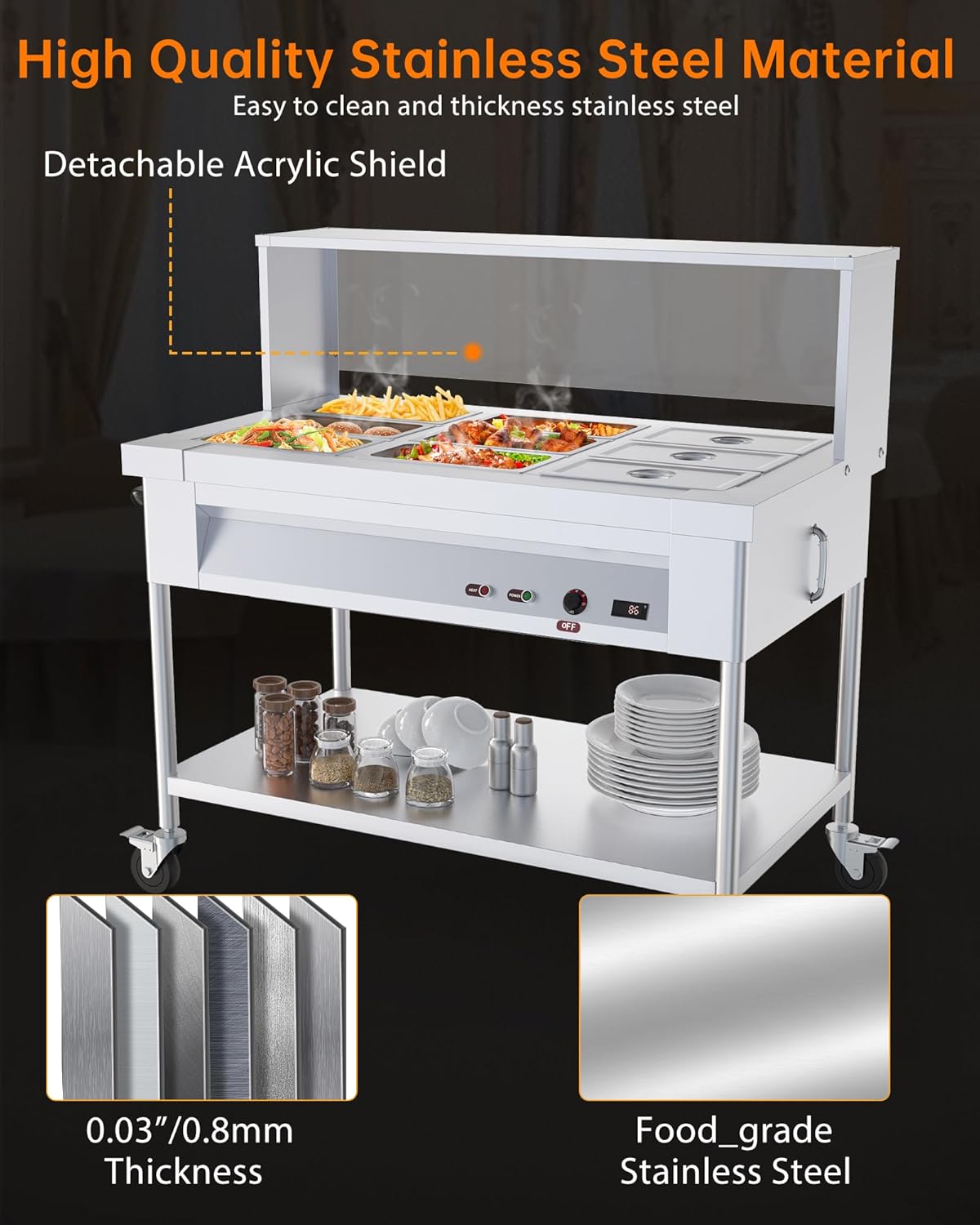 Garvee 72QT Commercial Food Warmer 9x8QT Electric Steam Table with Acrylic Shield Stainless Steel Bain Marie Countertop Lockable Wheels for Restaurants Buffets Party 1500W 110V
