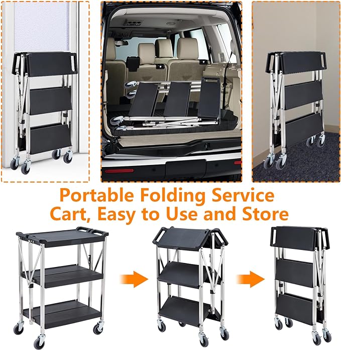 Garvee 3-Shelf Foldable Service Cart, 330Lbs Capacity, Lockable Swivel Wheels, Portable Utility Cart for Home, Office, and Warehouse