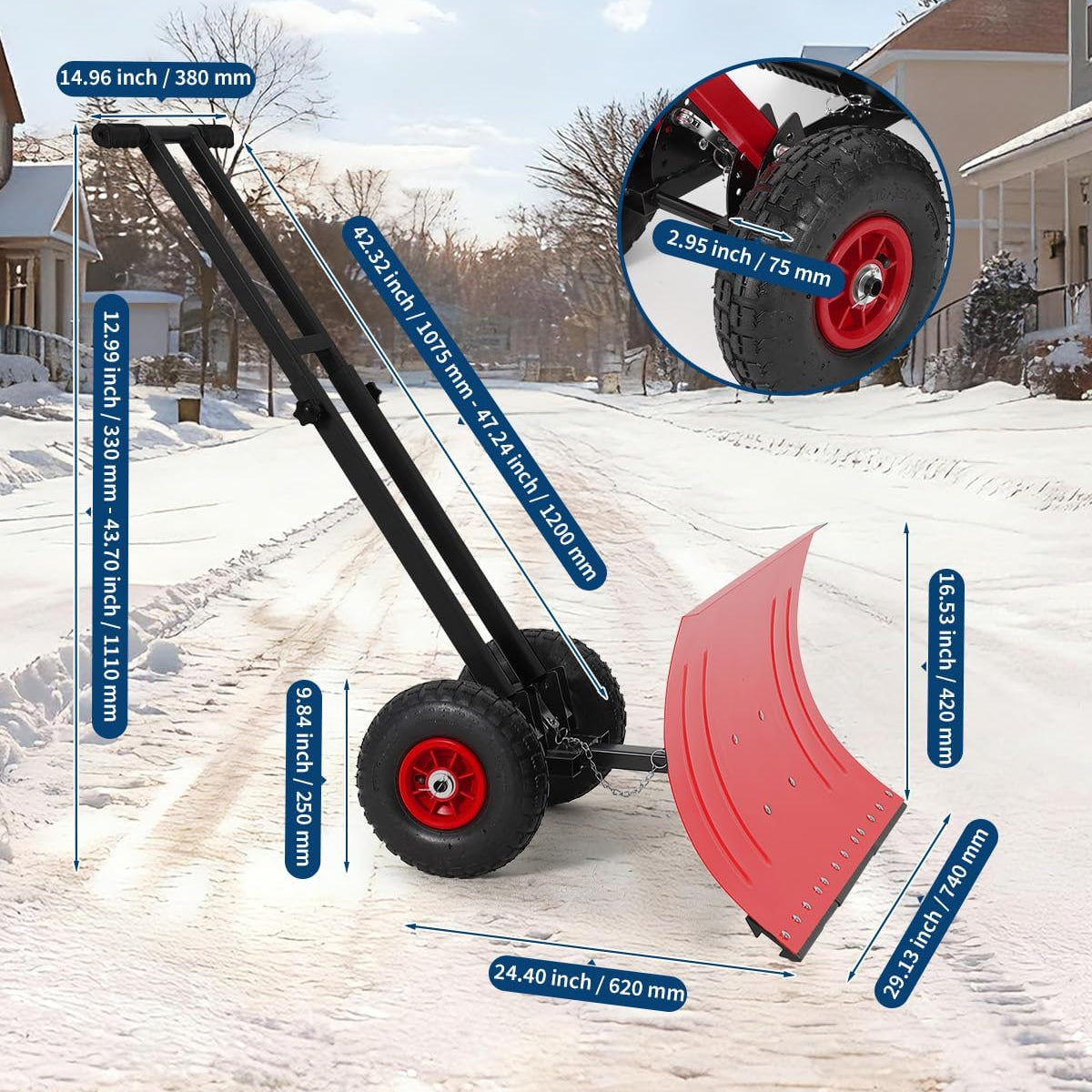 Garvee Wheeled Snow Shovel 29x16.5 Double-Rod Metal Pusher 5-Angle Adjustable T-Handle Rubber Wheels for Driveways Sidewalks