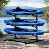 Garvee 3 Levels Kayak Storage Rack Heavy Duty Metal Stand with 4 Paddles Hooks for Ships Canoe Surfboard Paddleboard Garage Beach, Adjustable Shelves, Space-Saving Design - Black