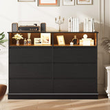 Garvee 6-Drawer Dresser for Bedroom with Large Open Shelves, Modern Black Dresser with LED Lights & Charging Station, Wide Chest of 6 Drawers for Living Room, Hallway, Closet - Black