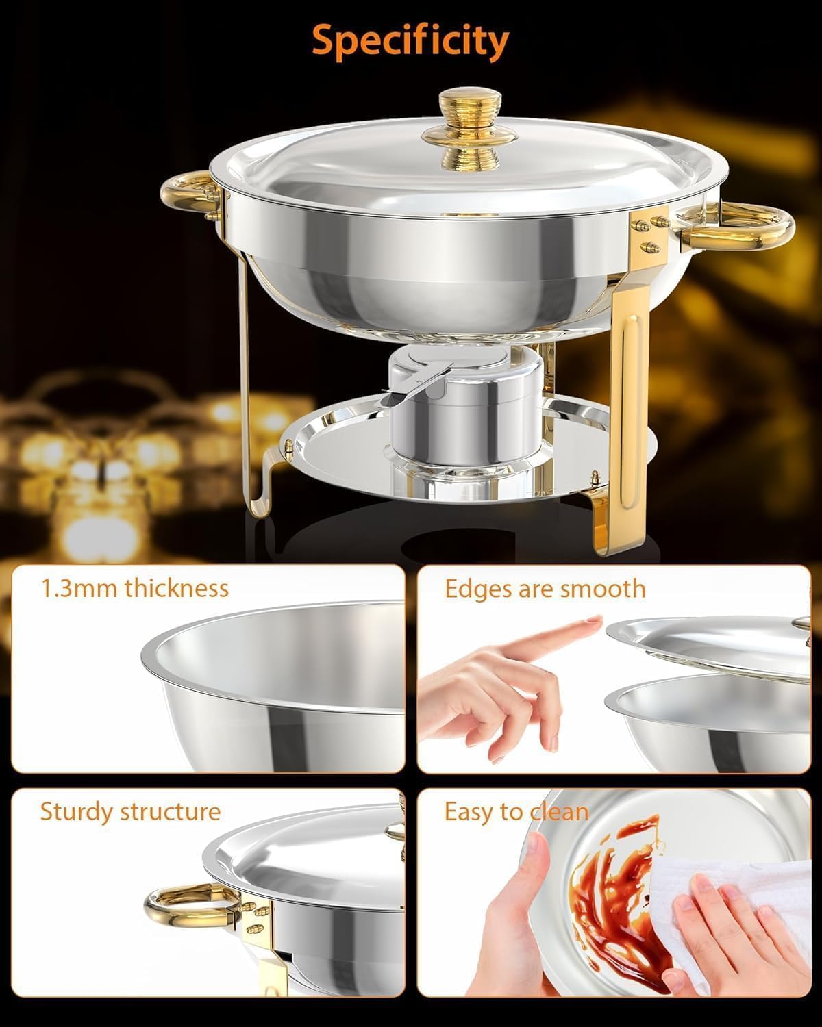 Garvee Durable Gold Stainless Steel Chafing Dish Set – 4 Pack 5QT Round Commercial Buffet Food Warmer with Lid Holder, Spoon & Tweezers – High-quality Catering Equipment for Events, Parties, Weddings – Easy to Clean – Specs: 2x2