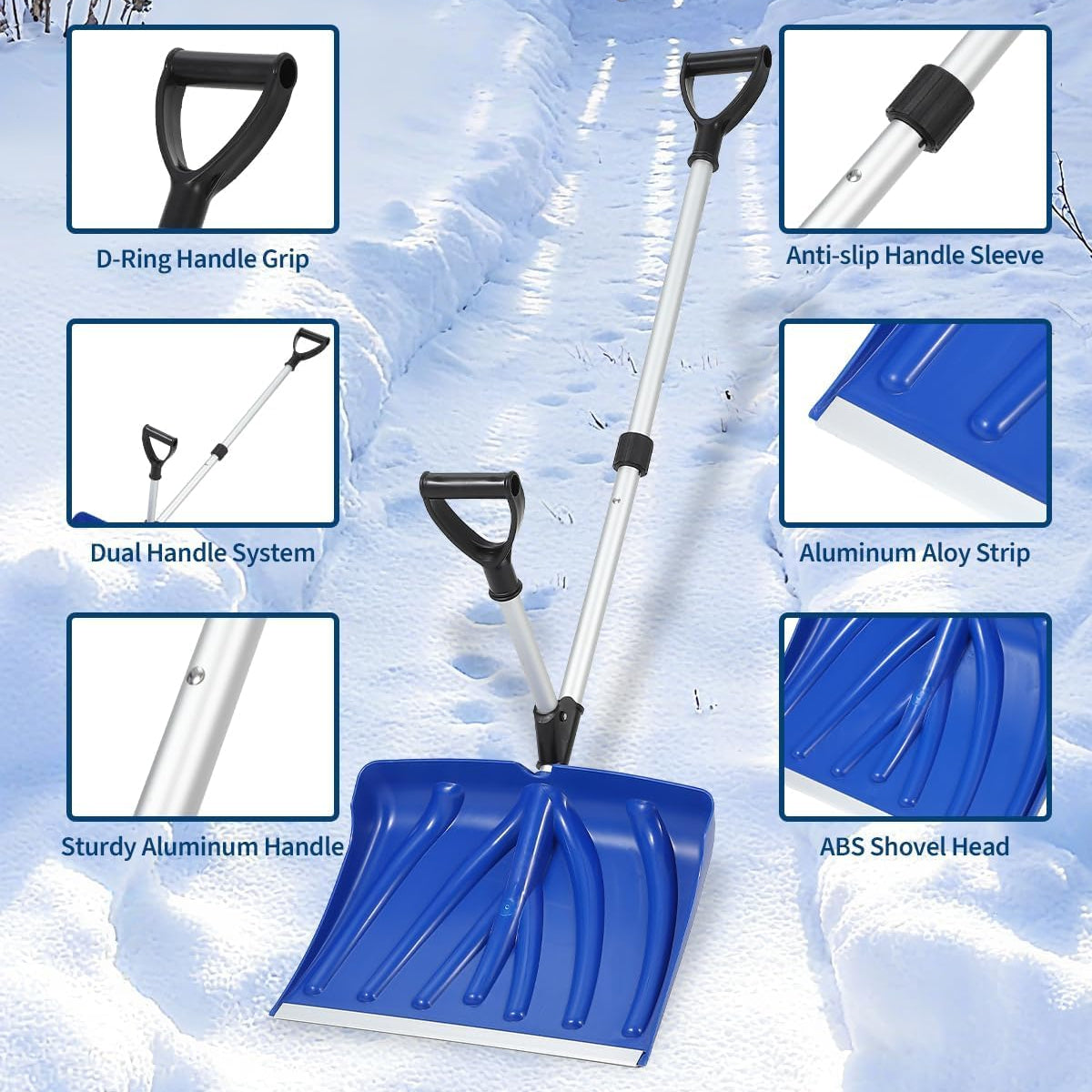 Garvee 17.7"W X 12.6"H Ergonomic Snow Shovel – Aluminum-Edged Blade with Assisted D-Ring Handle – Lightweight Snow Pusher for Patio, Garden, Yard – Blue Shovel with Silver Pole