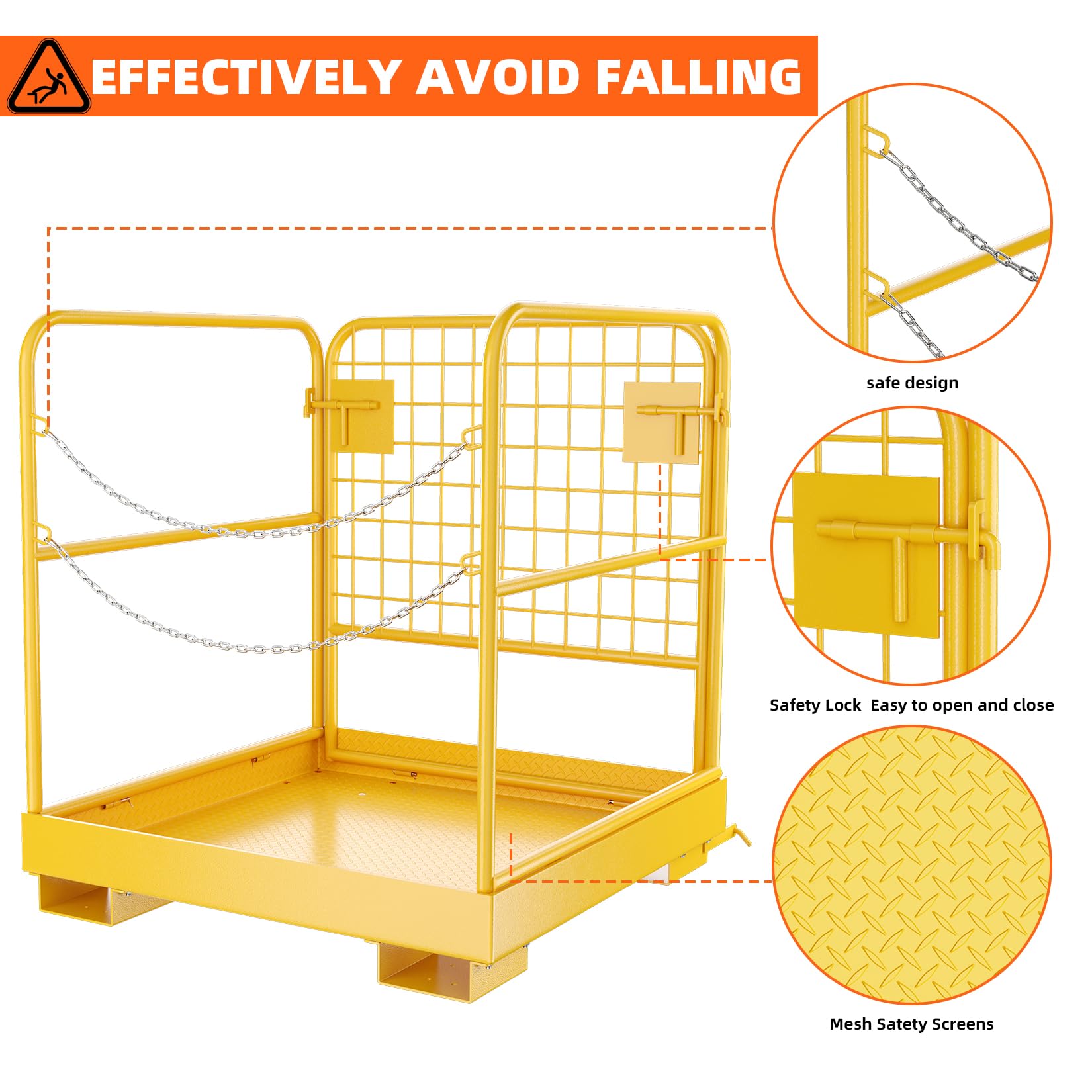 Garvee 43"x45" Forklift Safety Cage, Forklift Man Basket Forklift Work Platform with Safety Harness & Lock, 1400lbs Capacity Drain Hole & Wheels & Tool Basket, Perfect for Aerial Work
