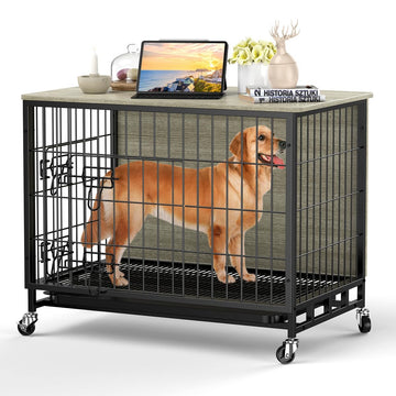 Garvee 27.2" Dog Crate Furniture with Cushion, Dog Kennel Indoor with Wheels, Dog Crate End Table with Tray with Double Doors for Small Dog, Grey