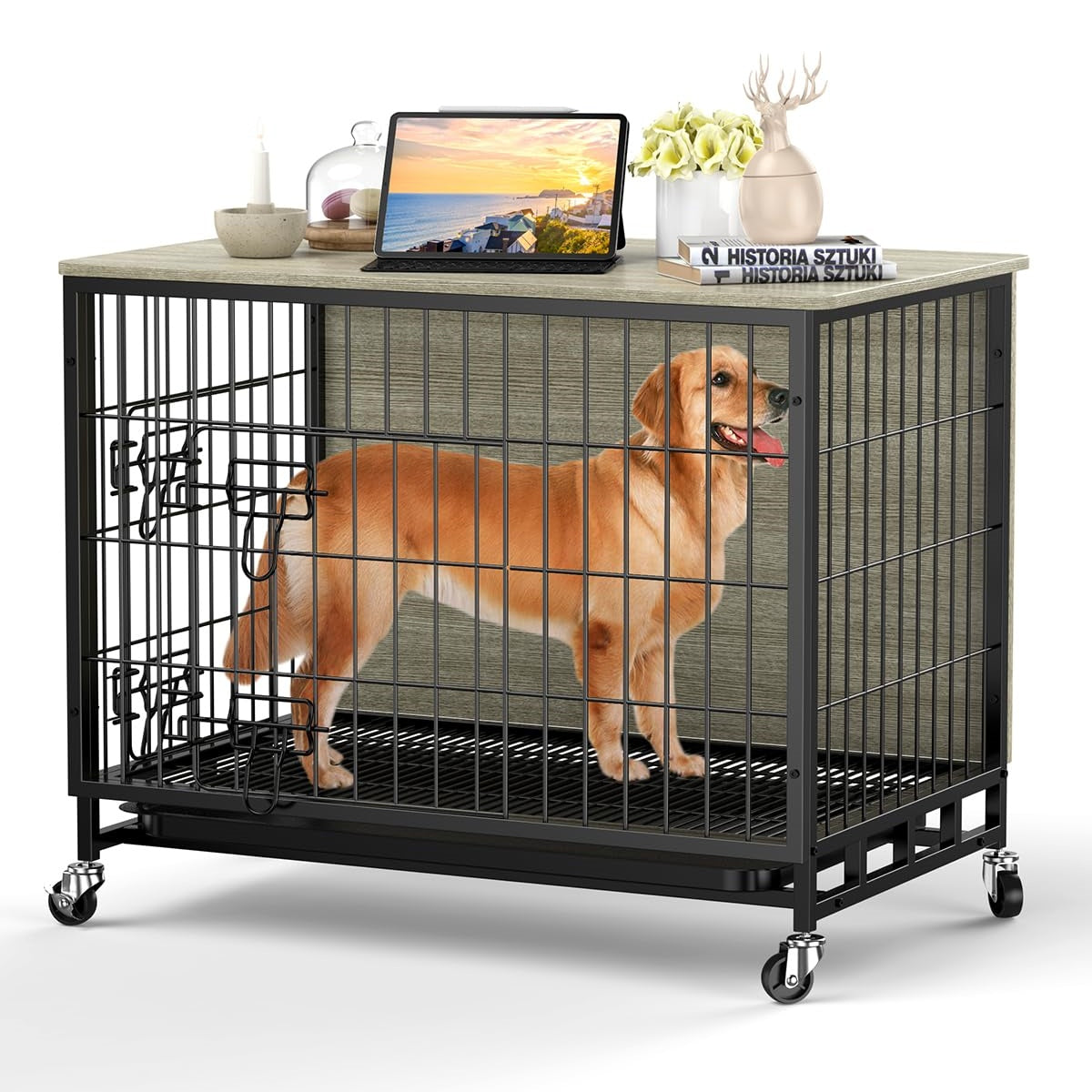 Garvee 27.2" Dog Crate Furniture with Cushion, Dog Kennel Indoor with Wheels, Dog Crate End Table with Tray with Double Doors for Small Dog, Grey