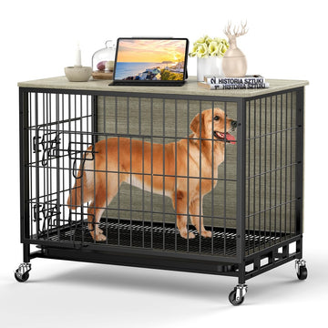 Garvee Dog Crate Furniture, Deluxe Wooden Dog Kennel with Removable Tray and Wheels, Heavy-Duty Double-Doors 38.6" Dog Cage End Table, Indoor Dog House for Large Dogs, Grey