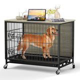 Garvee Dog Crate Furniture, Deluxe Wooden Dog Kennel with Removable Tray and Wheels, Heavy-Duty Double-Doors 38.6" Dog Cage End Table, Indoor Dog House for Large Dogs, Grey - Gray