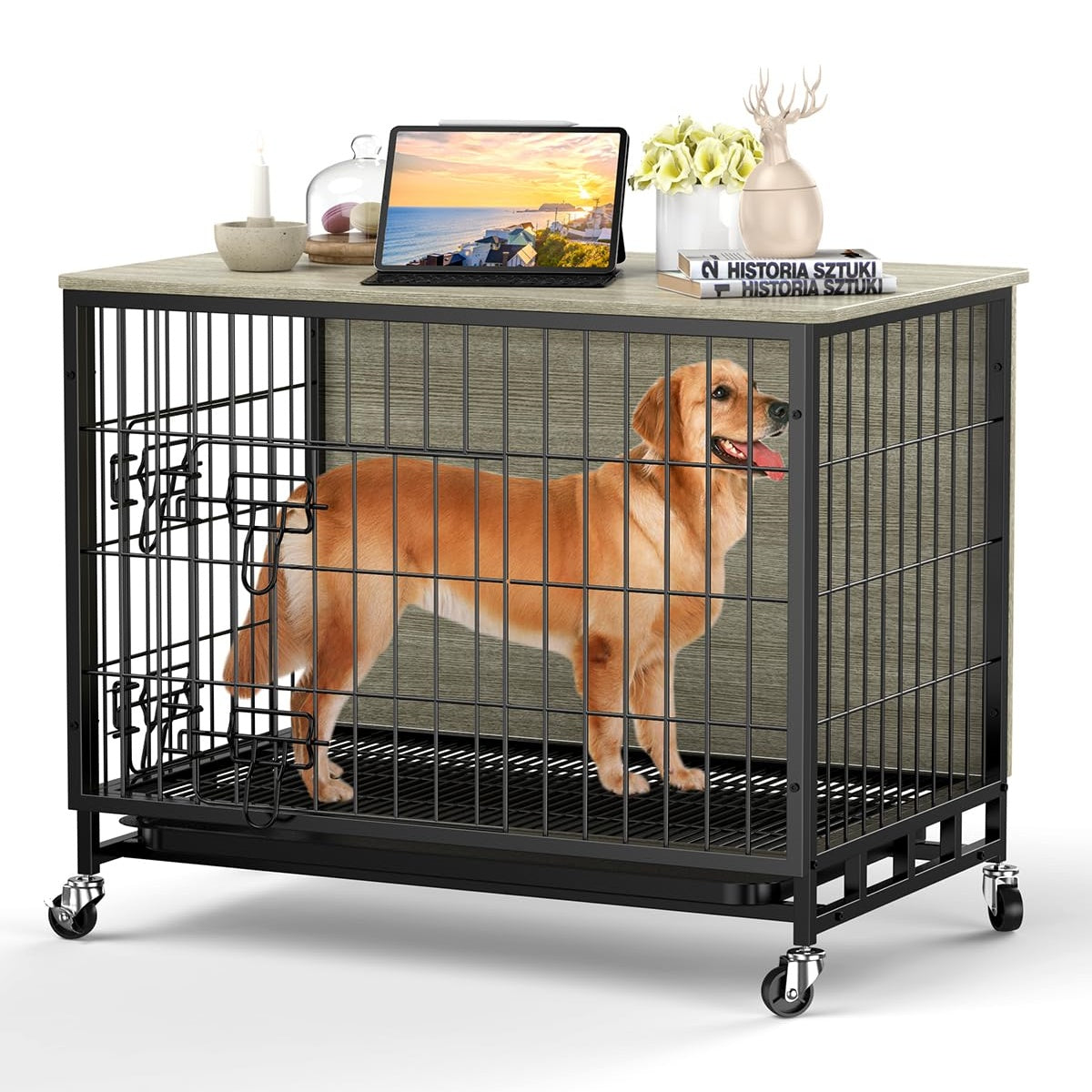 Garvee Dog Crate Furniture, Deluxe Wooden Dog Kennel with Removable Tray and Wheels, Heavy-Duty Double-Doors 38.6" Dog Cage End Table, Indoor Dog House for Large Dogs, Grey