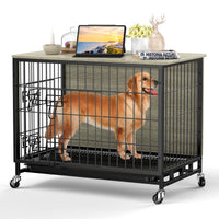 Garvee Dog Crate Furniture, Deluxe Wooden Dog Kennel with Removable Tray and Wheels, Heavy-Duty Double-Doors 38.6" Dog Cage End Table, Indoor Dog House for Large Dogs, Grey