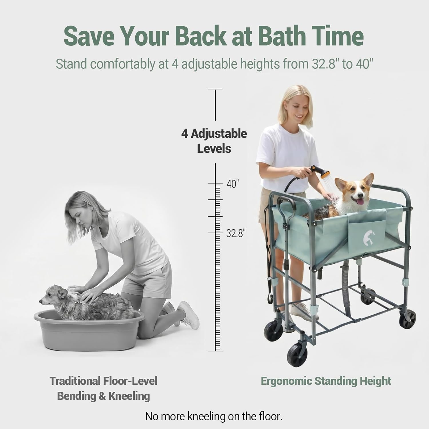 Garvee Portable Dog Bath Tub for Small & Medium Dogs, Folding Elevated Pet Grooming Station with Wheels, 4-Level Adjustable Height, Dog Wash Station for Home, 1000D PVC, Fits Up to 33 lbs, Light Gray