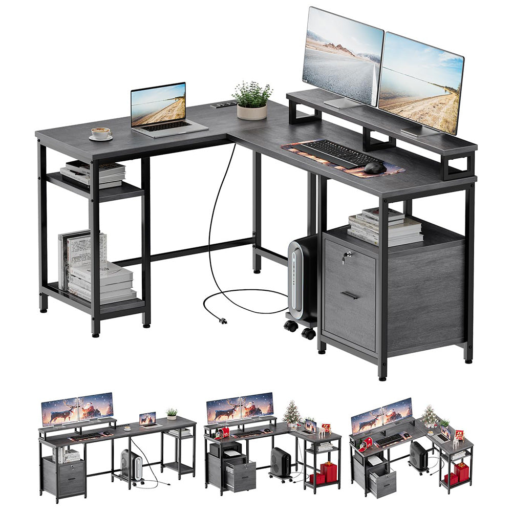 Garvee L Shaped Computer Desk 67" Reversible Gaming Desk with Power Outlet, File Drawer, 2 Monitor Stands, Adjustable Storage Shelf, Rustic Gray, Home Office