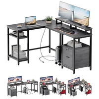 Garvee L Shaped Computer Desk 67" Reversible Gaming Desk with Power Outlet, File Drawer, 2 Monitor Stands, Adjustable Storage Shelf, Rustic Gray, Home Office