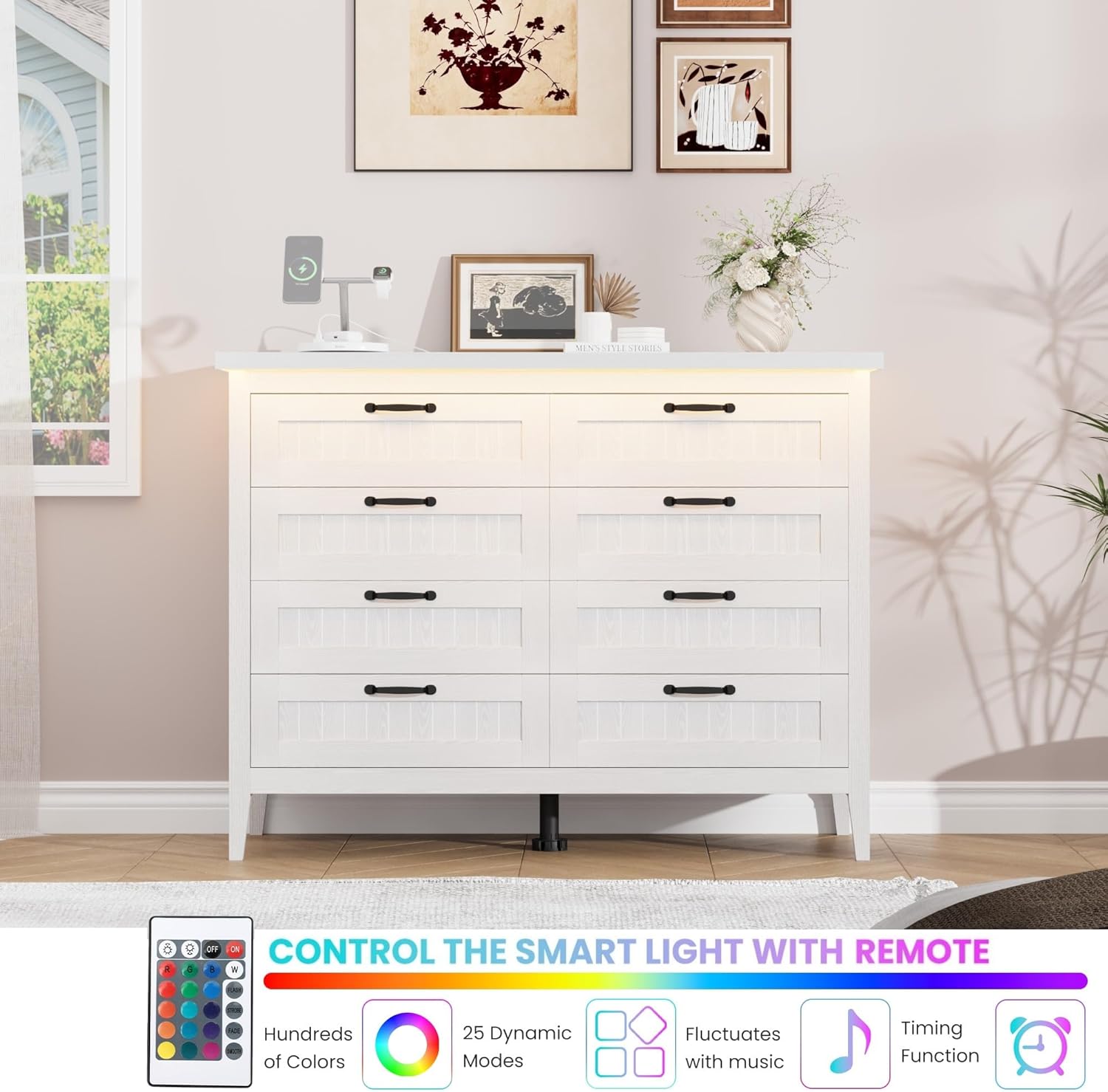 Garvee 8 Drawer Dresser with Power Outlet, White Dresser with LED Light, Modern Chest of Drawers for Closet, Double Wide Drawer Organizer Cabinet for Bedroom, Living Room