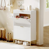 Garvee Fluted Shoe Cabinet with 2 Flip Drawers, Narrow Shoe Storage Organizer with Drawer, Farmhouse Freestanding Hidden Shoe Rack Cabinet for Entryway, Hallway, White - White