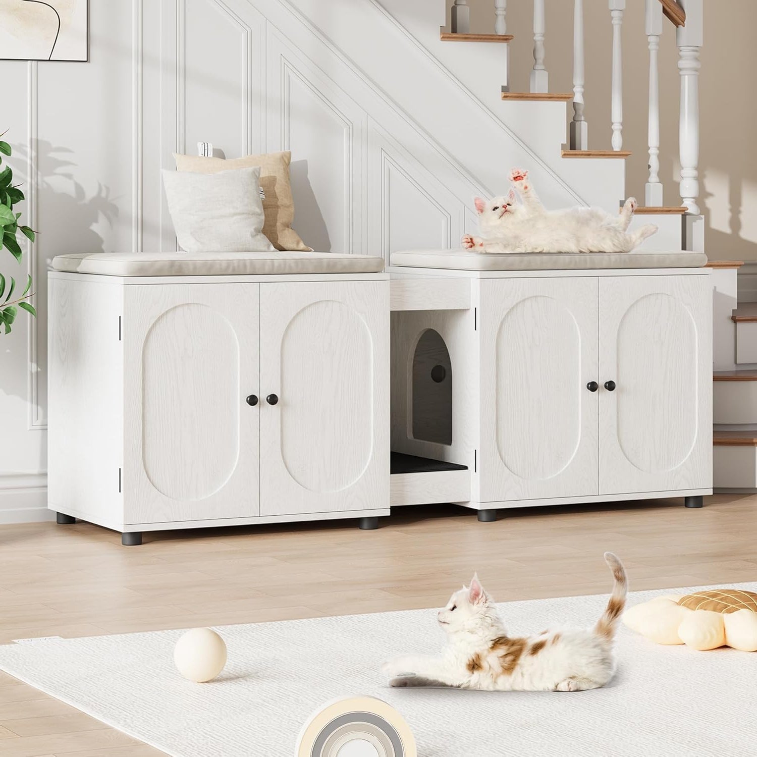 Garvee Cat Litter Box Enclosure, 55.1" Double Litter Box Furniture Large Cat Box Enclosure Kitty Litter Box for 2 Cats Hidden Cat Litter Cabinet Double Cage with Cat Litter Pad, White | Oval