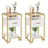 Garvee Mid Century Modern Nightstand Set - 2 Drawers, 3-Tier Storage, Tempered Glass, Steel Frame, White & Gold, Easy Assembly - White board gold frame