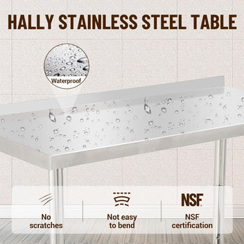 Garvee 48"L x 24"W x 35"H Stainless Steel Work Table Heavy Duty Prep Table with Undershelf, High Load Bearing Metal Table, Commercial Worktable with Backsplash, 4 Wheels, Hooks for Kitchen