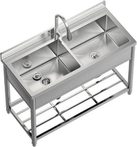 Garvee 22"D x 47"W x 37"H 2-Compartment Commercial Sink, Stainless Steel Utility Sink with Pull-out Faucet, Free Standing Double Bowl Kitchen Sink for Restaurant, Garage, Shop, Cafe, Outoor