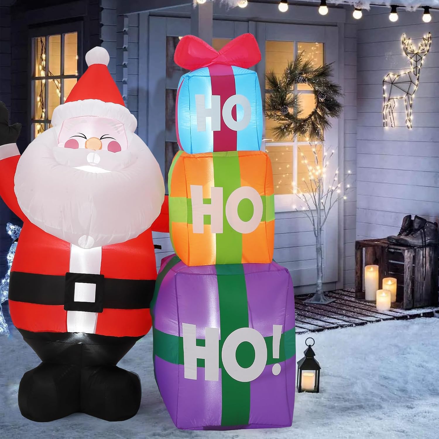 Garvee 6FT Christmas Inflatable Outdoor Decorations, Cute Santa with Gift Box, Blow Up Xmas Yard Decoration for Holiday Home Party Garden Lawn Decor, Indoor Outdoor Use, Easy Installation