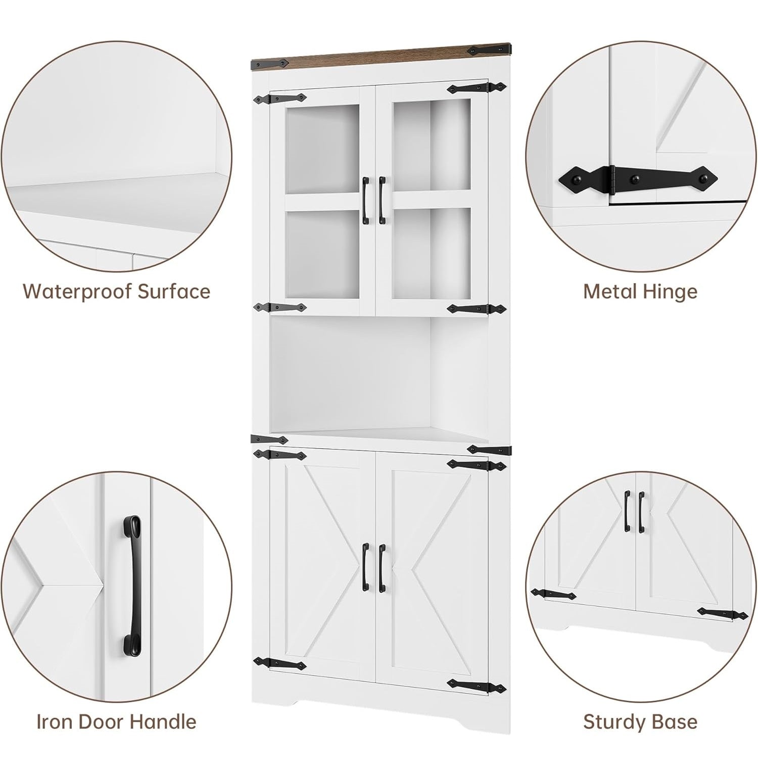 Garvee Farmhouse Corner Cabinet, Tall Corner Storage Cabinet with Barn Door & Adjustable Shelves, Bathroom Cabinet with Storage for Living Room, Kitchen, Bathroom, White