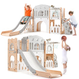 Garvee 8-in-1 Toddler Slide Playground Set - Indoor/Outdoor Playset with Climber, Crawling Tunnel, Basketball Hoop, Telescope, Safe Materials, and Toy Storage - Pink Gray