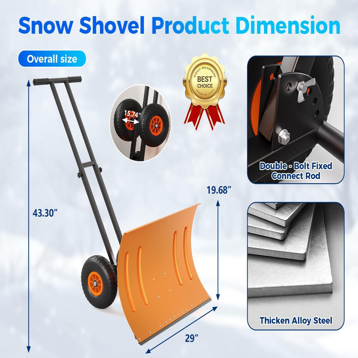 Garvee 29"W X 19"H Snow Pusher Shovel with Wheels - Heavy Duty Steel, 5-Position Adjustable Blade, Ergonomic Handle, Anti-Skid Wheels, Powder-Coated, Orange, for Driveway & Sidewalk