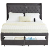 Garvee Queen Size Bed Frame with 2 Storage Drawers & USB Charging Station, Upholstered Platform Bed Frame with Type-C,Wingback Storage Headboard /Sturdy Wooden Slats Support/No Box Spring Needed/Dark Grey - Gray